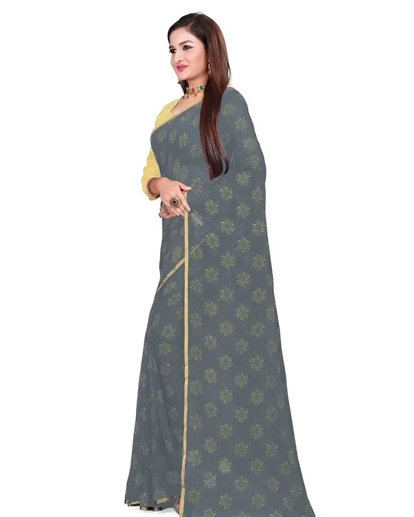 Neha Collection Chiffon Foil Print Sarees with Blouse Piece - Gray