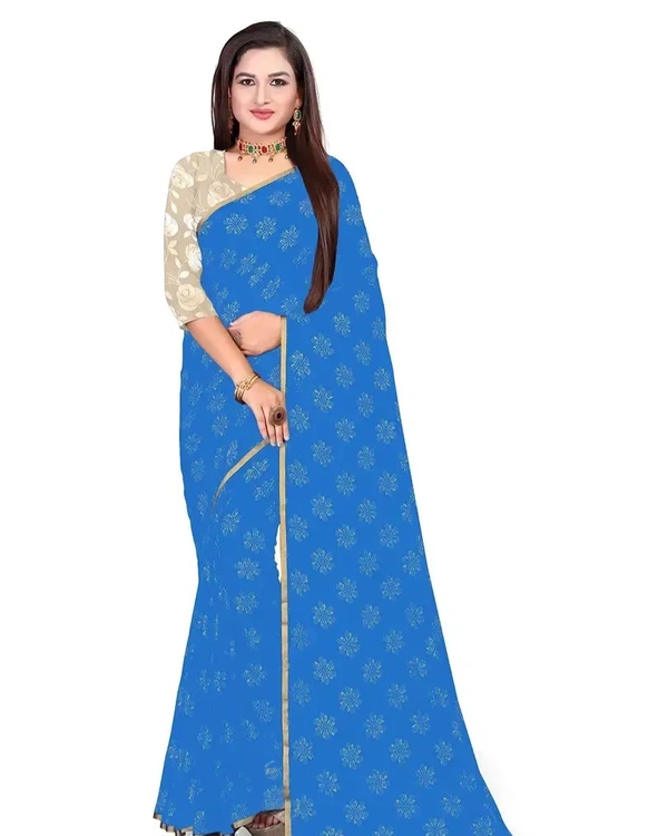 Neha Collection Chiffon Foil Print Sarees with Blouse Piece - Cornflower Blue