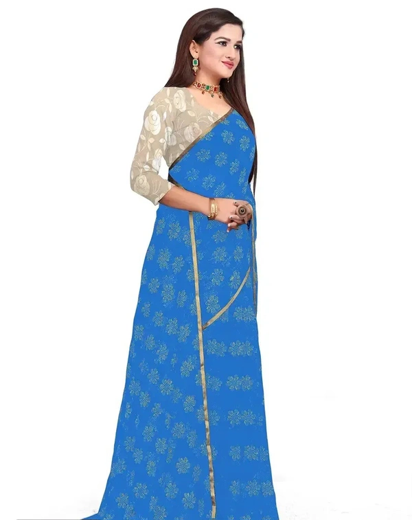 Neha Collection Chiffon Foil Print Sarees with Blouse Piece - Cornflower Blue