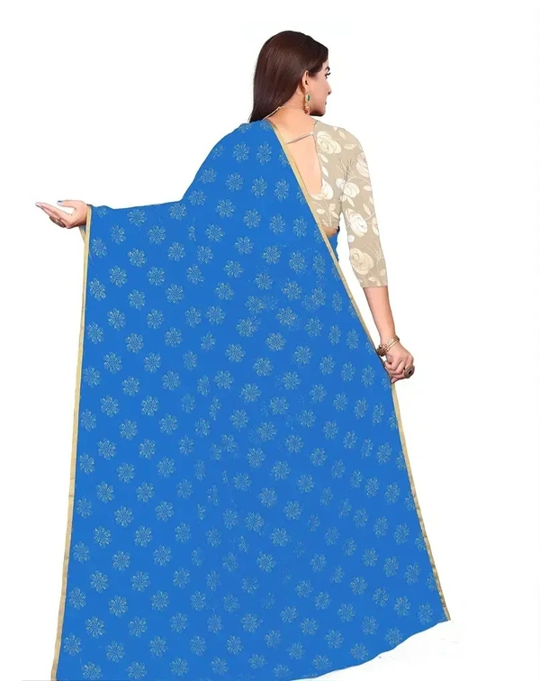 Neha Collection Chiffon Foil Print Sarees with Blouse Piece - Cornflower Blue