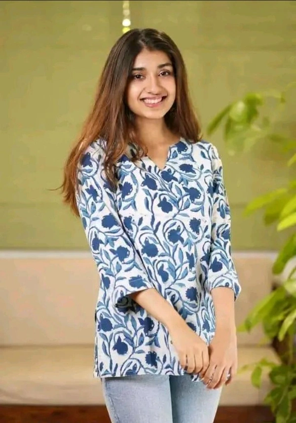 Neha Collection  Cotton Hand Block Printed Short Top For Women - Blue, S