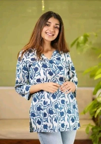 Neha Collection  Cotton Hand Block Printed Short Top For Women - Blue, S