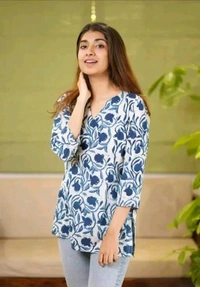 Neha Collection  Cotton Hand Block Printed Short Top For Women - Blue, S