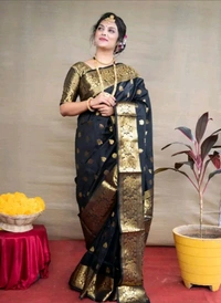Kanjeevaram Women Kanjivaram Silk Saree With Blouse - Black