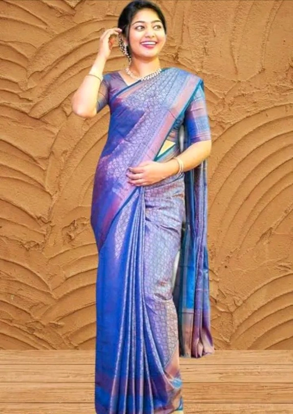 Kanjeevaram Zari Woven Rich Pallu Design Work Soft Litchi Silk Saree For Women - Blue