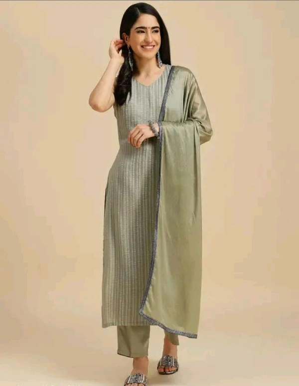 Neha Collection  Women Silk Blend Kurta Set With Dupatta - Envy, L