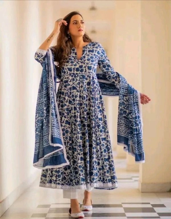 Neha Collection  Women's Cotton Printed Chuni Set - Blue, S