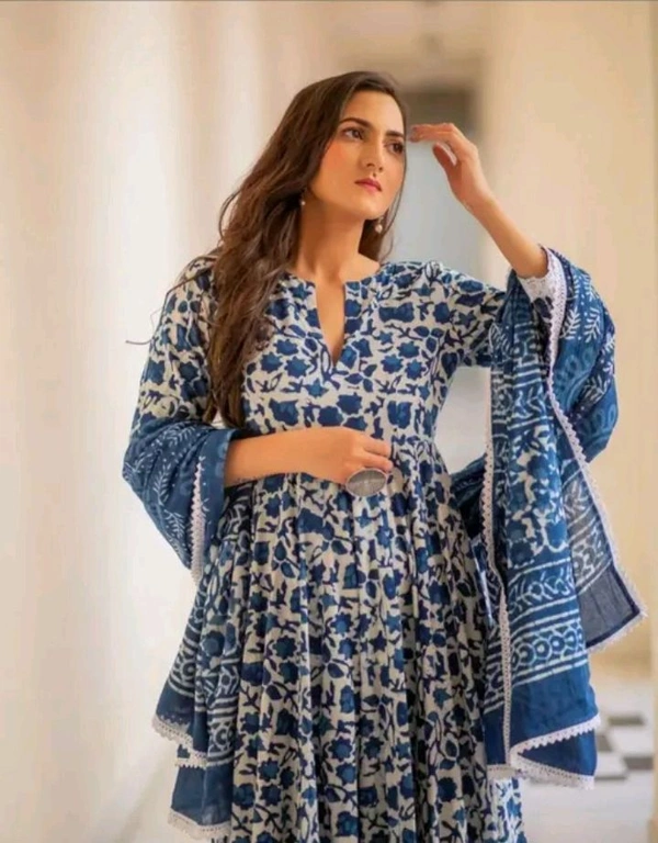 Neha Collection  Women's Cotton Printed Chuni Set - Blue, S
