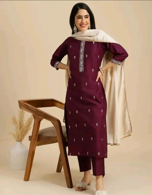 Neha Collection  Women's Chinon Embroidery Kurta Set With Dupatta - Maroon, S