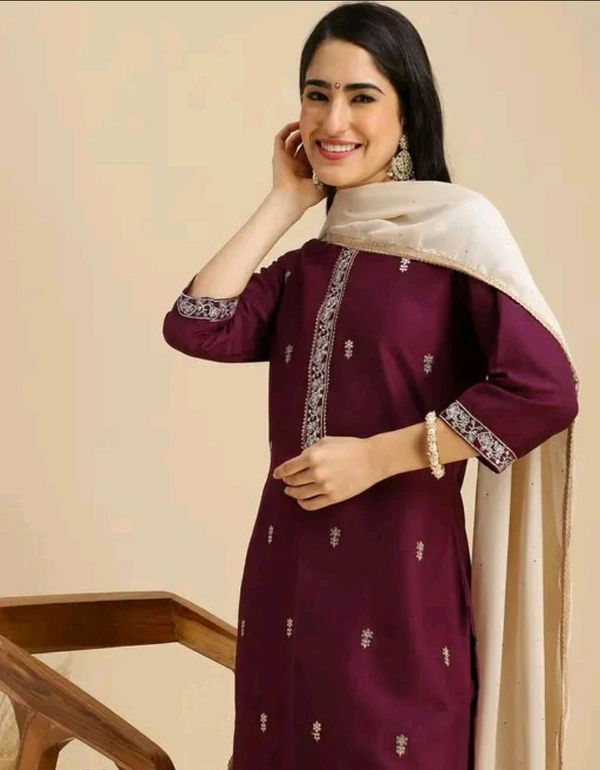 Neha Collection  Women's Chinon Embroidery Kurta Set With Dupatta - Maroon, L