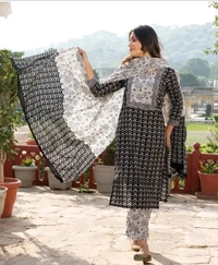 Neha Collection  Women Black Viscose Straight Kurta With Trouser & Dupatta Set - Black, L