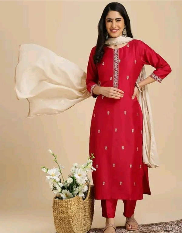 Neha Collection  Women Chinon Embroidered Kurta Set With Dupatta - Red, M