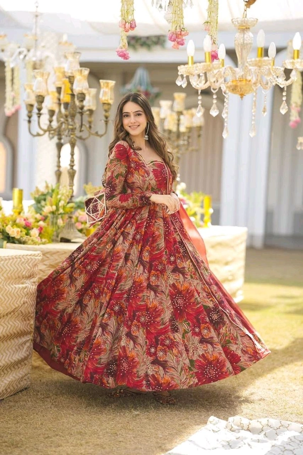 Prayosha Elegant Heavy Rayon Digital Print Dress with Organza Dupatta – Fully Stitched - M