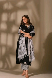 Neha Collection Dmpal_blackwht 3-Piece Salwar Kameez With Dupatta - Black, XL