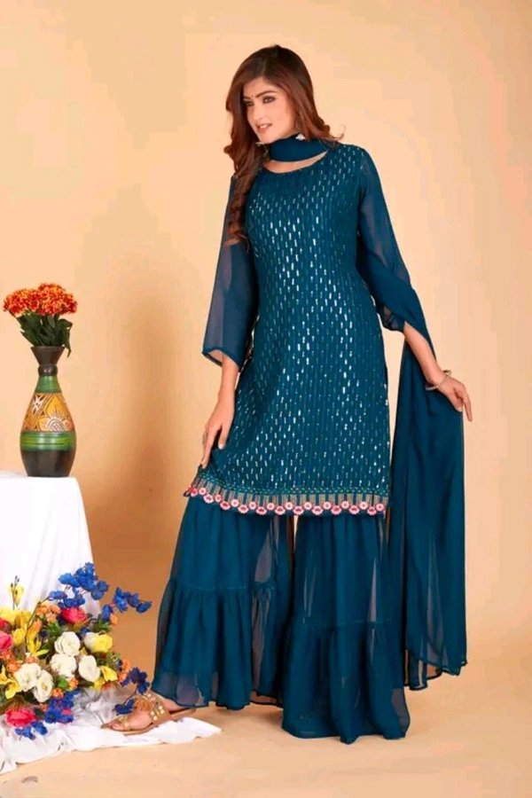 Elegant Kurta Sharara & Dupatta Set - Timeless Traditional Wear - L, Blue