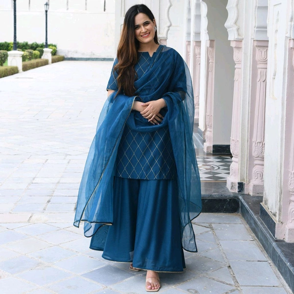 Neha Collection Stylish Kurta Sharara & Dupatta Set - Perfect for Special Occasions - Blue, L