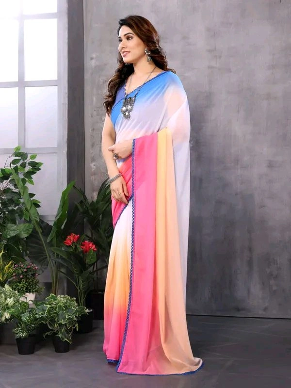 Georgette Multicolour Ready To Wear Georgette Saree With Blouse  - White