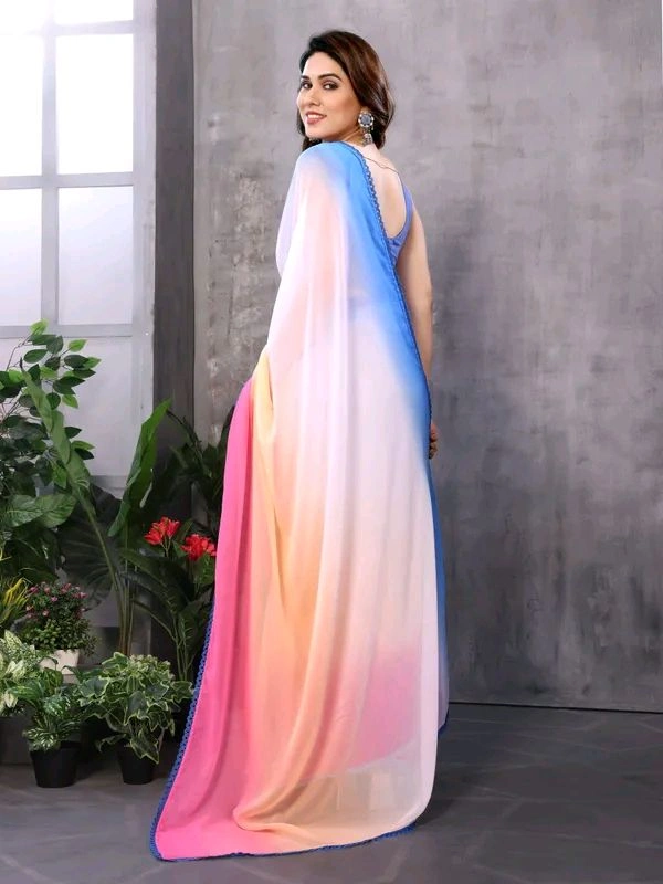 Georgette Multicolour Ready To Wear Georgette Saree With Blouse  - White