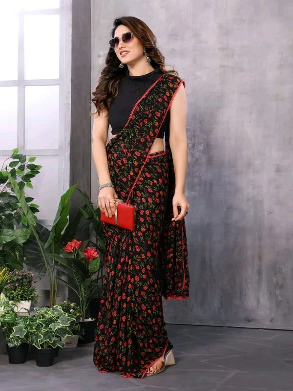 Georgette Lace border Black Ethnic Motif Georgette Saree - Black