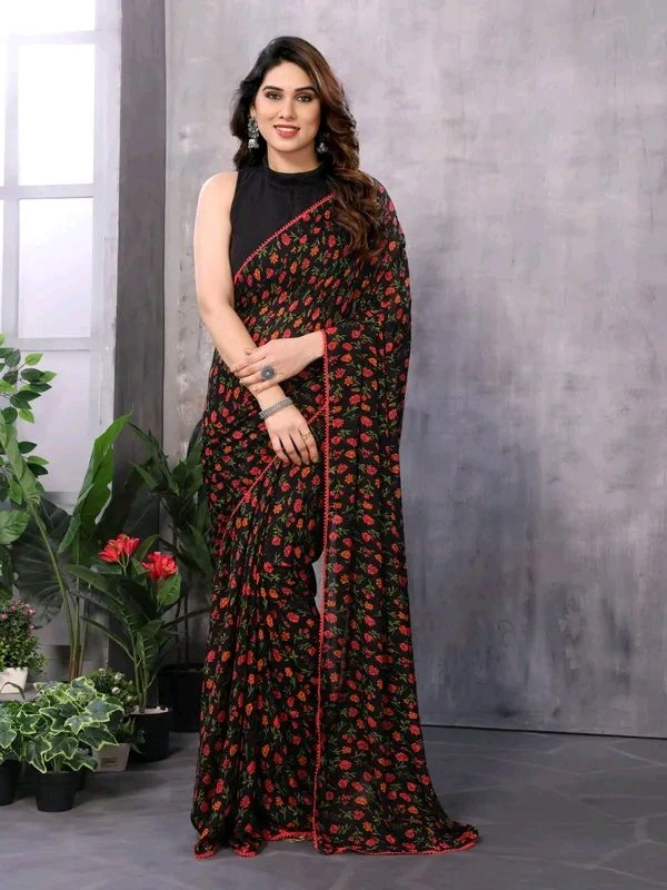 Georgette Lace border Black Ethnic Motif Georgette Saree - Black
