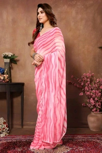 Georgette Lace border Pink Stripe Georgette Ready to Wear Women's Saree - Pink