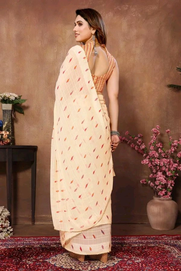 Neha Collection Lace border ready to wear Georgette saree With Blouse  - Cream