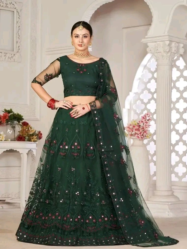 Neha Collection Women Soft Net Chain Stich Semi-Stitched Green Choli With Dupatta - Dark Fern