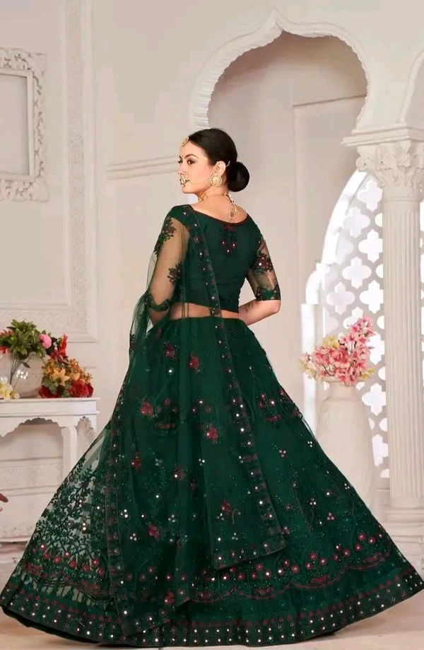 Neha Collection Women Soft Net Chain Stich Semi-Stitched Green Choli With Dupatta - Dark Fern