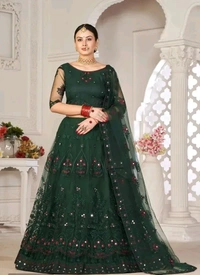 Neha Collection Women Soft Net Chain Stich Semi-Stitched Green Choli With Dupatta - Dark Fern