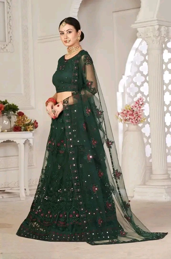 Neha Collection Women Soft Net Chain Stich Semi-Stitched Green Choli With Dupatta - Dark Fern