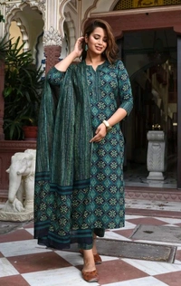 Neha Collection Beautiful 3-piece Festive & Party Women Viscose Rayon Kurta Pant Dupatta Set - mehandi, XXL,