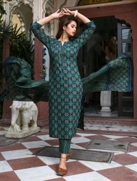 Neha Collection Beautiful 3-piece Festive & Party Women Viscose Rayon Kurta Pant Dupatta Set - mehandi, XXL,