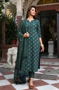 Neha Collection Beautiful 3-piece Festive & Party Women Viscose Rayon Kurta Pant Dupatta Set - mehandi, XXL,