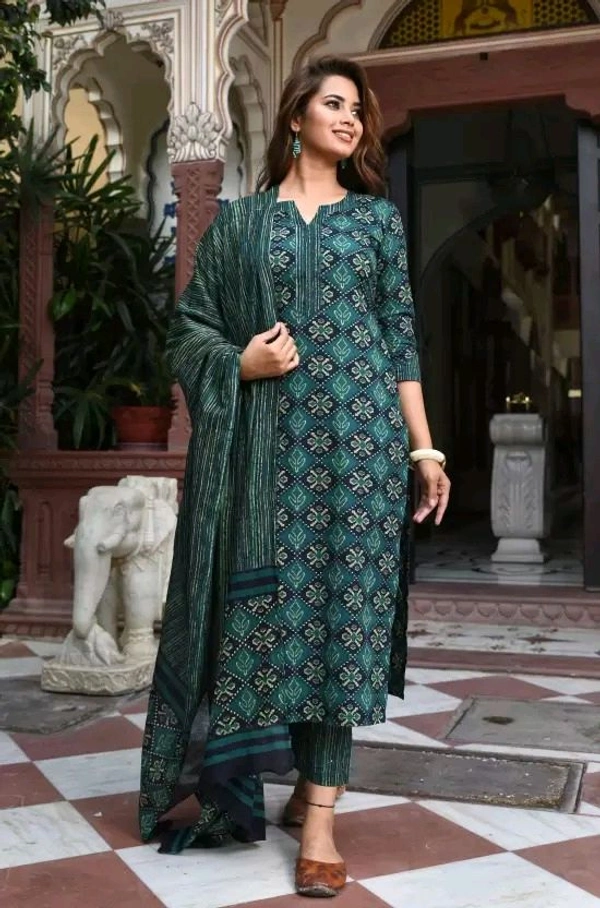 Neha Collection Beautiful 3-piece Festive & Party Women Viscose Rayon Kurta Pant Dupatta Set - mehandi, XXL,
