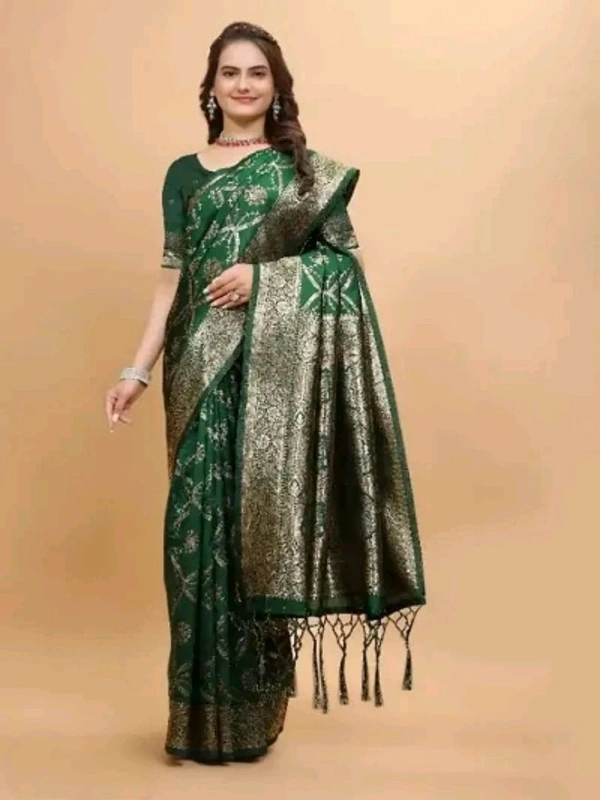 Kanjeevaram Silk Zari Weaving Jacquard Sarees with Blouse Piece - Dark Fern
