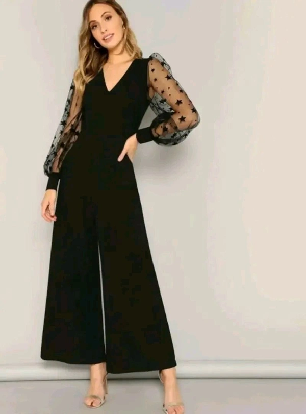New Modely Contrast Star Mesh Sleeve Wide Leg Jumpsuit - Black, XL