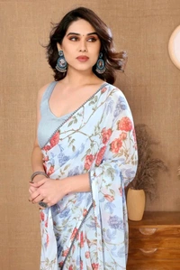 Neha Collection Lace border White Floral Georgette Ready to Wear Women's Saree