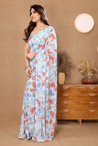 Neha Collection Lace border White Floral Georgette Ready to Wear Women's Saree