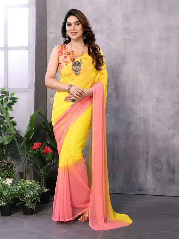 Neha Collection Pink And Yellow Ready To Wear Georgette Saree 