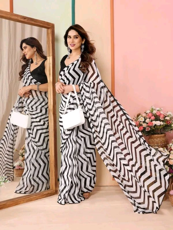 Neha Collection Zig -Zag printed ready to wear georgette saree with fancy lace
