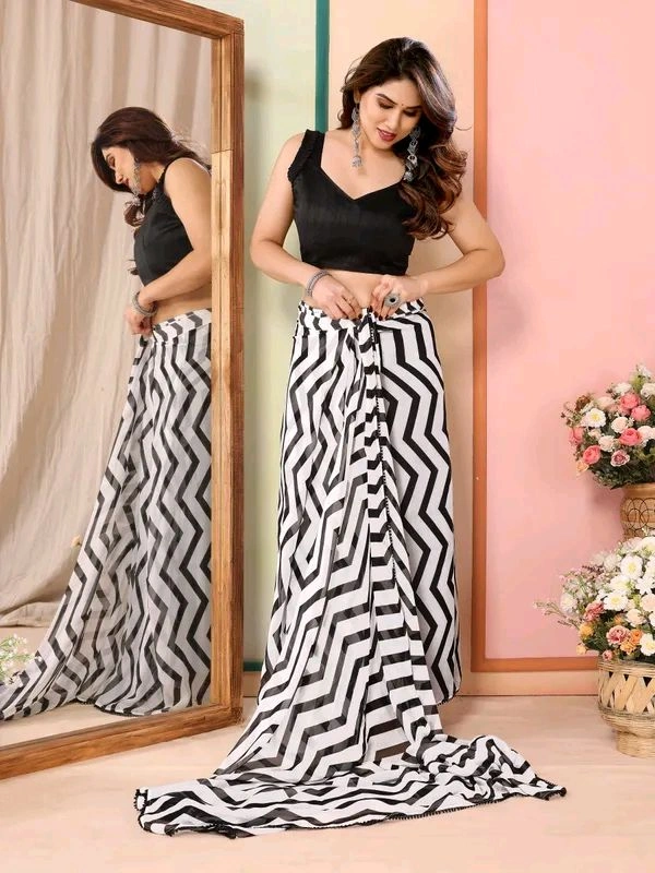 Neha Collection Zig -Zag printed ready to wear georgette saree with fancy lace
