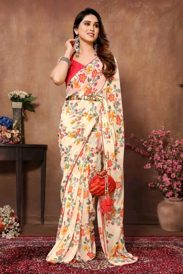 Neha Collection Ready To Wear Floral Print Georgette Saree With Blouse 
