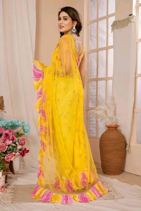 Yellow Mirror Work Saree With Ruffal- Leriya Blouse