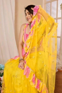 Yellow Mirror Work Saree With Ruffal- Leriya Blouse