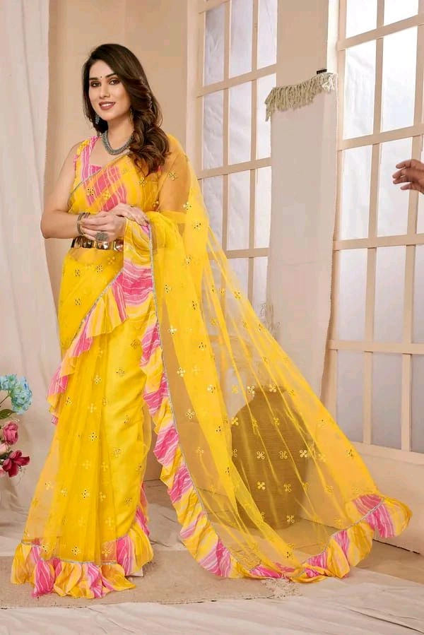 Yellow Mirror Work Saree With Ruffal- Leriya Blouse