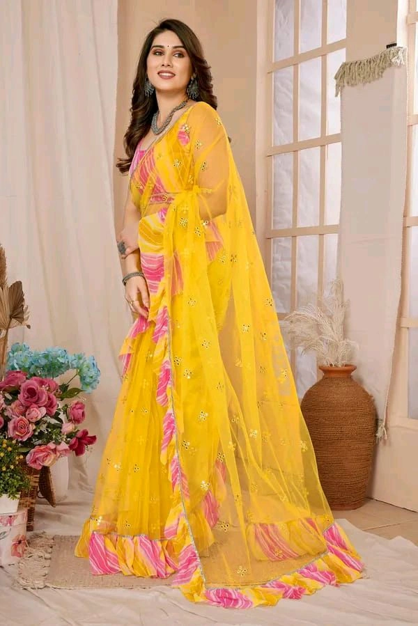 Yellow Mirror Work Saree With Ruffal- Leriya Blouse