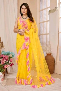 Yellow Mirror Work Saree With Ruffal- Leriya Blouse