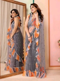 Grey Mirror Work Saree With Ruffal- Leriya Blouse