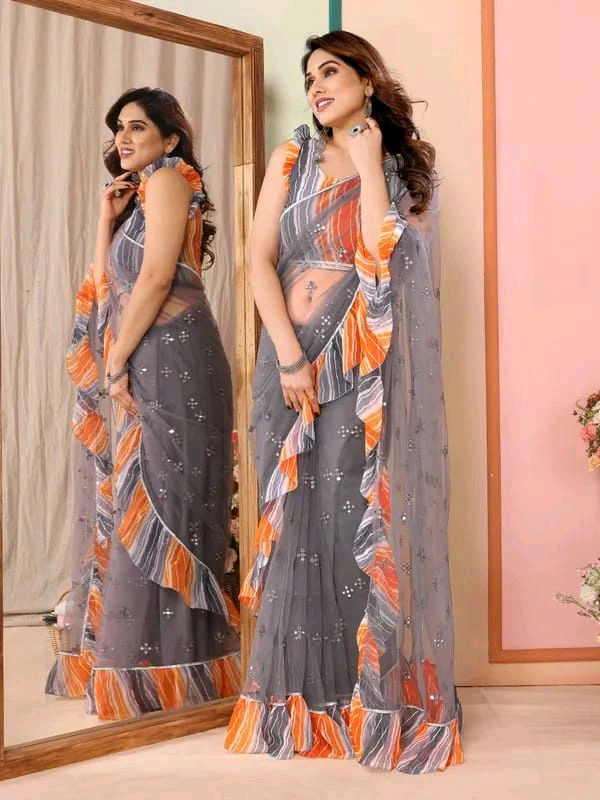 Grey Mirror Work Saree With Ruffal- Leriya Blouse