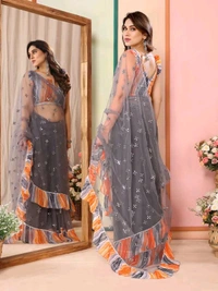 Grey Mirror Work Saree With Ruffal- Leriya Blouse